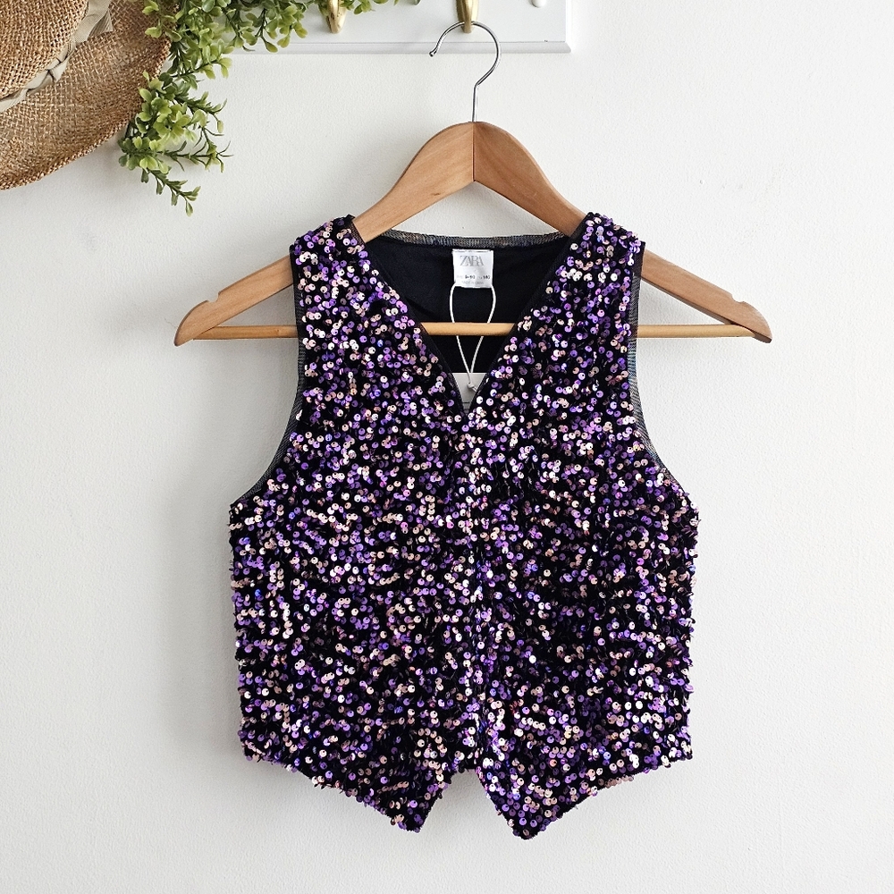 💜 Zara Girls Sequin Vest 9-10 Years Purple Black Sparkle Party Top NWT